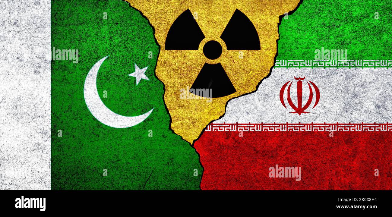 Flags of Pakistan, Iran and radiation symbol together. Pakistan and Iran Nuclear deal, threat, agreement, tensions concept Stock Photo