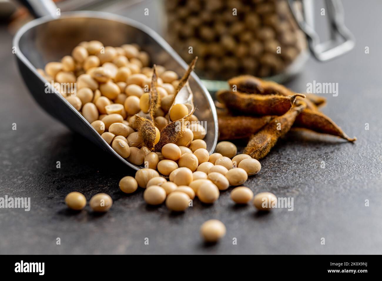 Soy beans. Dried soybean pod in scoop on the black table. Stock Photo