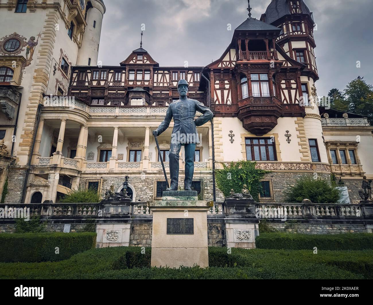 The statue of Carol 1 first king of Romania, in front of Peles Castle Stock Photo