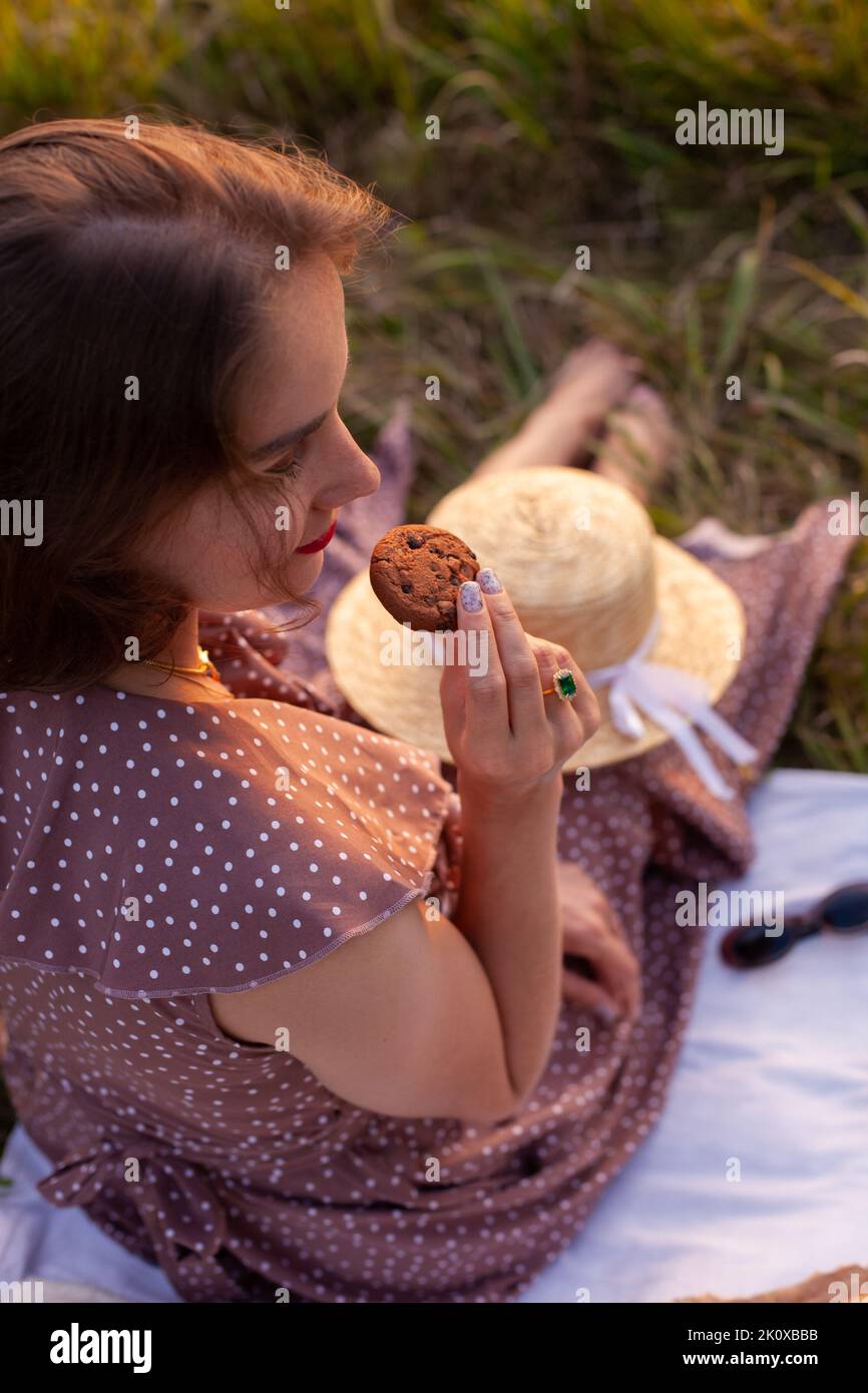 A woman in brown dress sits on a picnic in a park with panoramic view Stock Photo