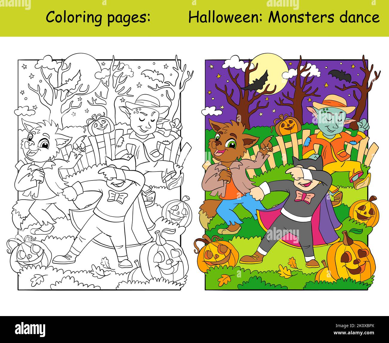 Cute vampire, monster and werewolf dancing at night in the forest ...