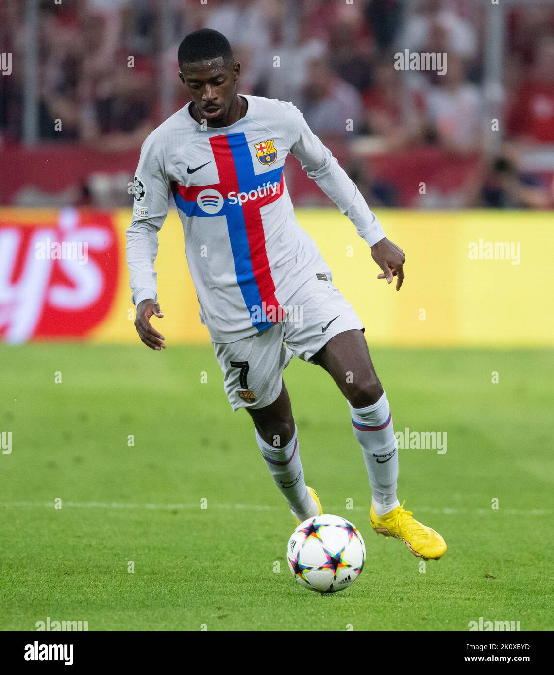 Munich, Germany. 13th Sep, 2022. Soccer: Champions League, Bayern Munich - FC Barcelona, group stage, Group C, matchday 2 at Allianz Arena. Ousmane Dembele of Barcelona in action. Credit: Sven Hoppe/dpa/Alamy Live News Stock Photo
