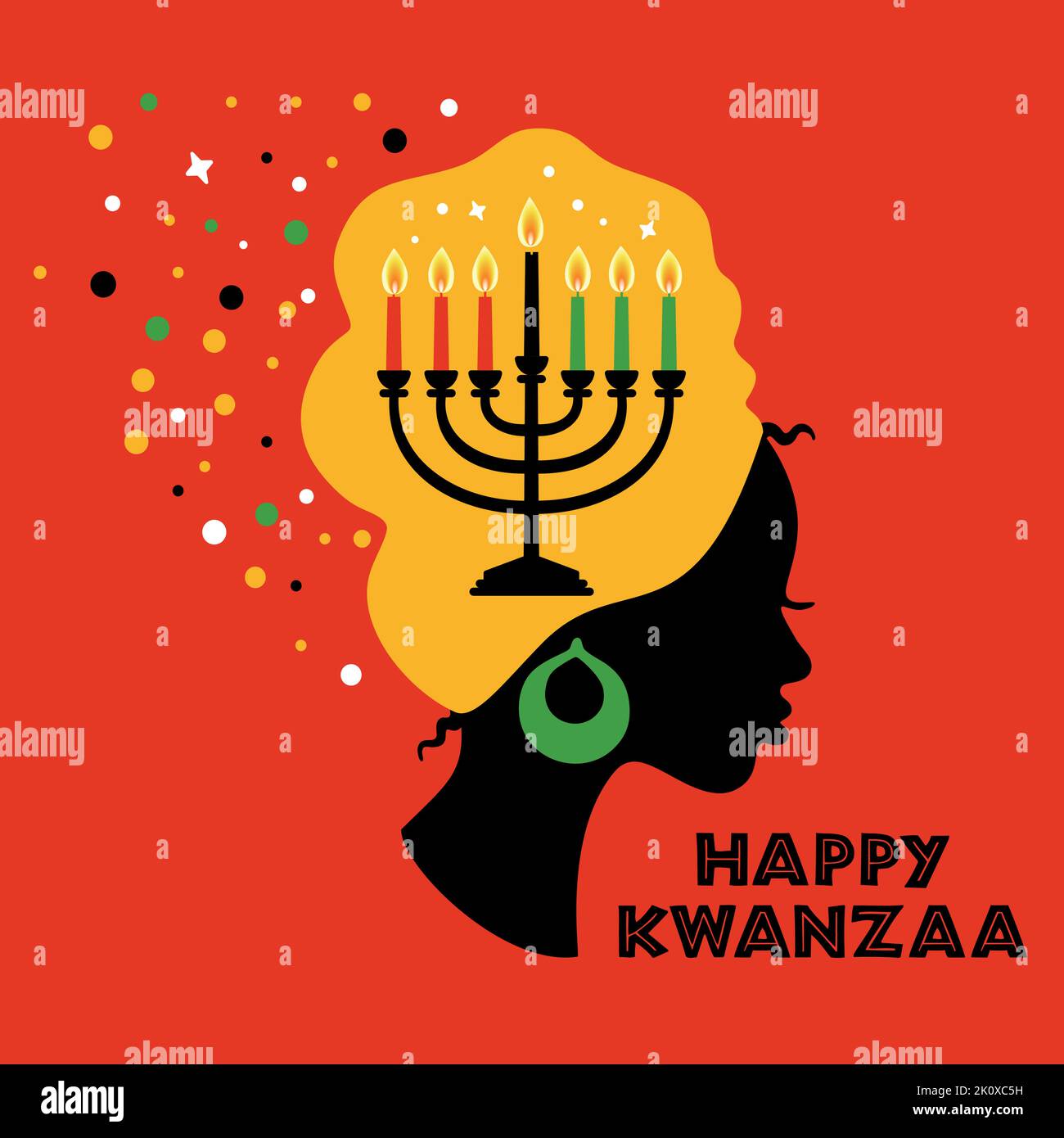 Greeting card for Kwanzaa with African women. Vector illustration. Happy Kwanzaa decorative greeting card. seven kwanzaa candles in vector. Stock Vector