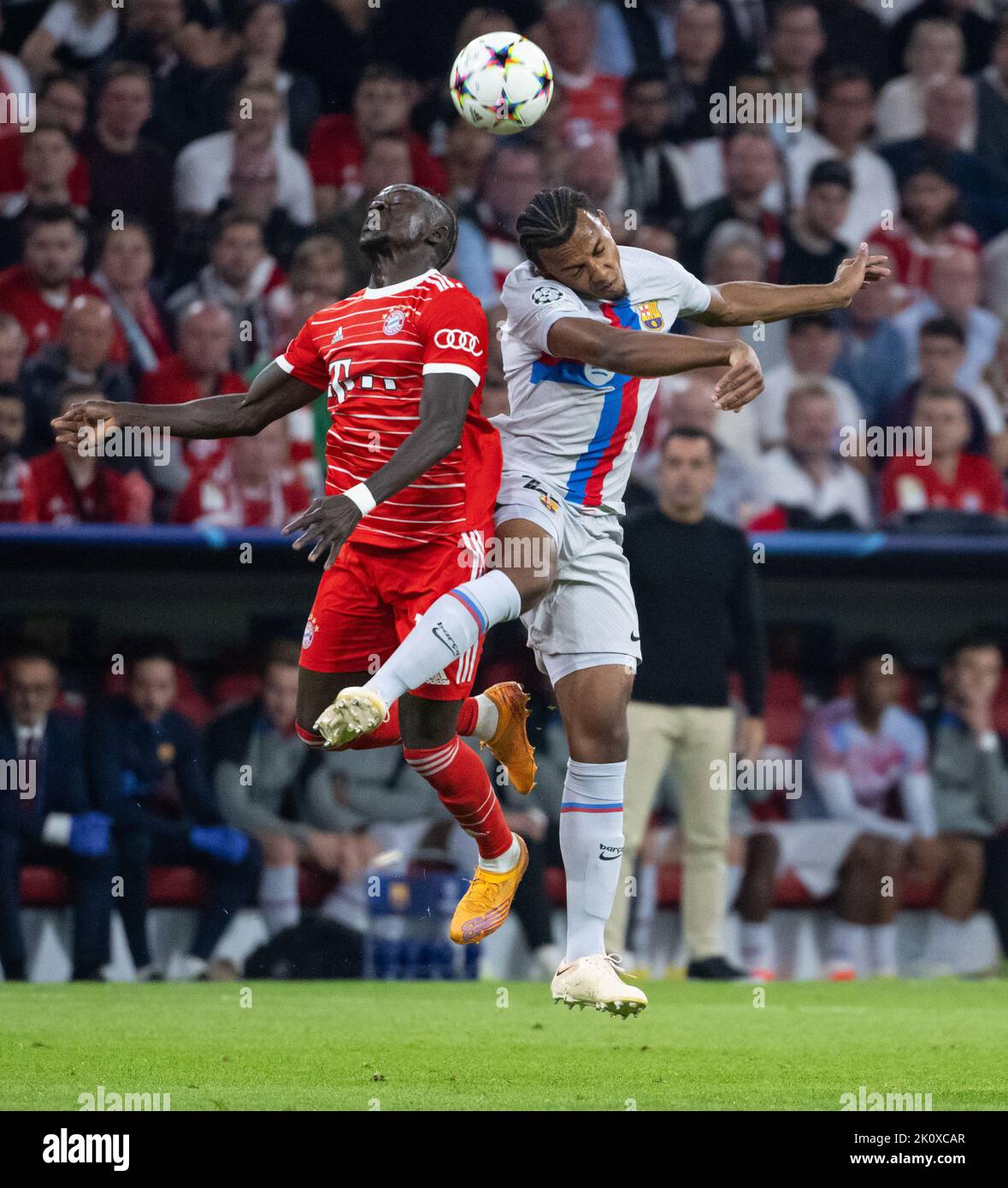 Munich, Germany. 13th Sep, 2022. Soccer: Champions League, Bayern Munich - FC Barcelona, Group stage, Group C, Matchday 2 at Allianz Arena. Sadio Mane (l) of Munich and Jules Kounde of Barcelona fight for the ball. Credit: Sven Hoppe/dpa/Alamy Live News Stock Photo