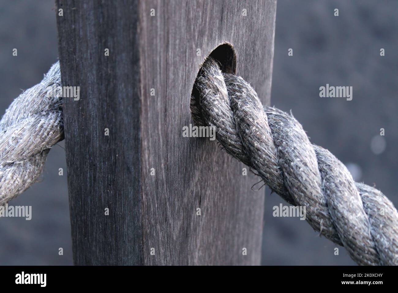 Closeup of outdoor wooden fence with rope connection as a link. Teamwork and strong relationship concepts. Stock Photo