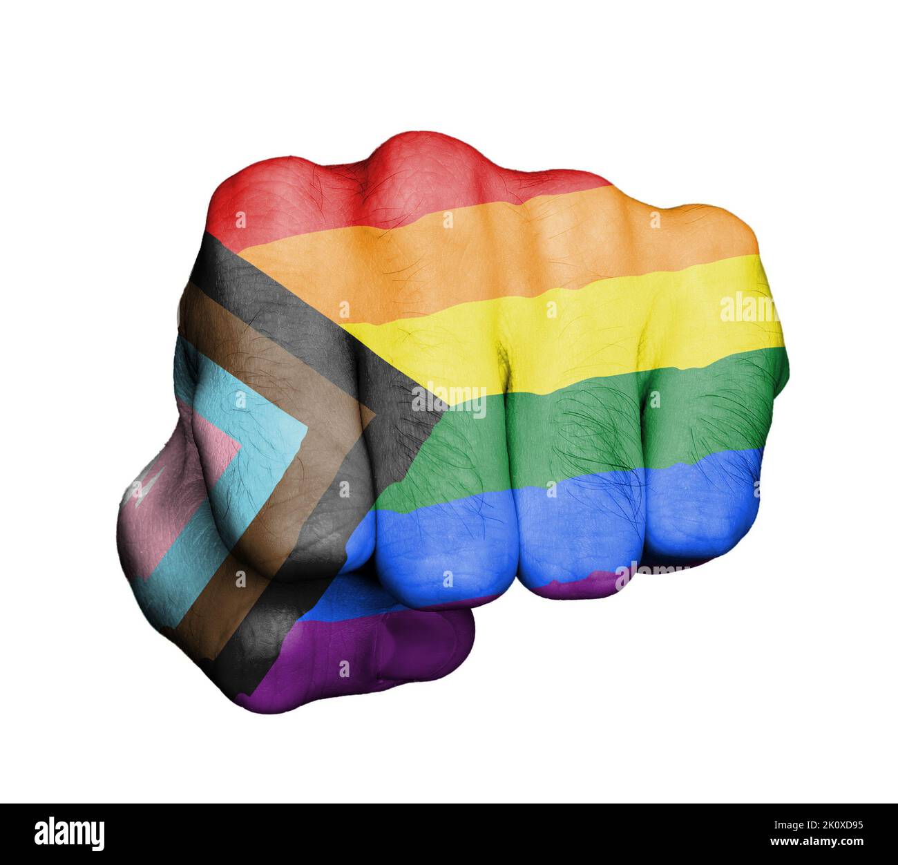 Male fist isolated on a white background - Progress LGBTQ rainbow flag Stock Photo