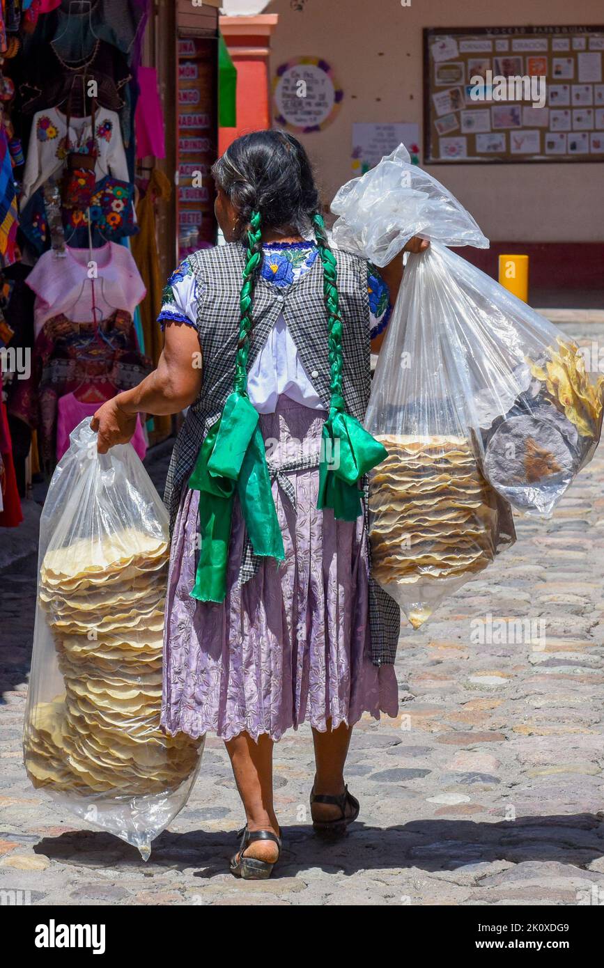Mexican Mayan woman selling Tlayudas, town of Mitla, Oaxaca, Mexico Stock Photo
