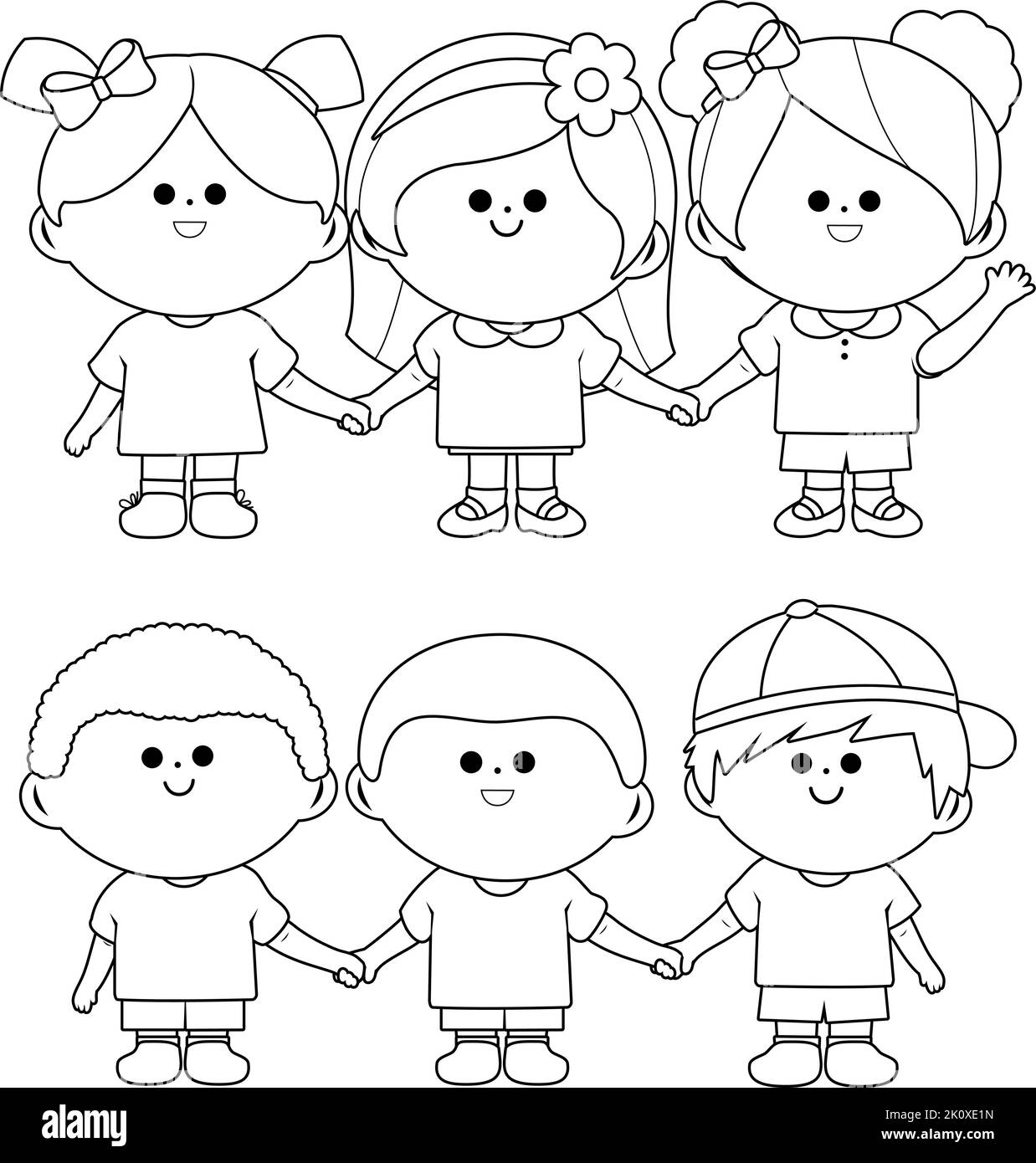 Group of children holding hands. Vector black and white coloring page Stock Vector