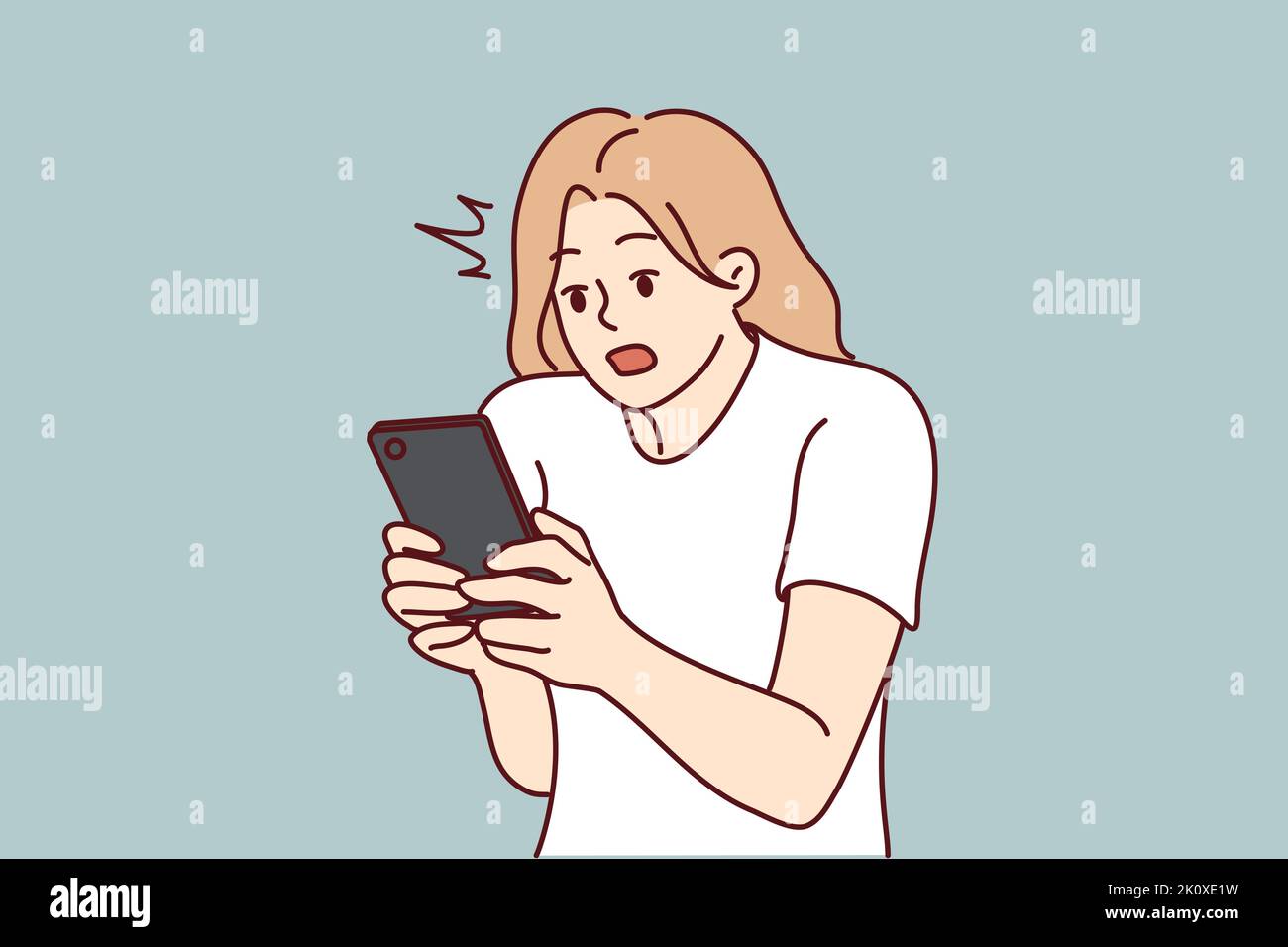 Amazed young woman look at cellphone screen shocked by unbelievable message online. Stunned girl surprised with news online on smartphone. Vector illustration.  Stock Vector