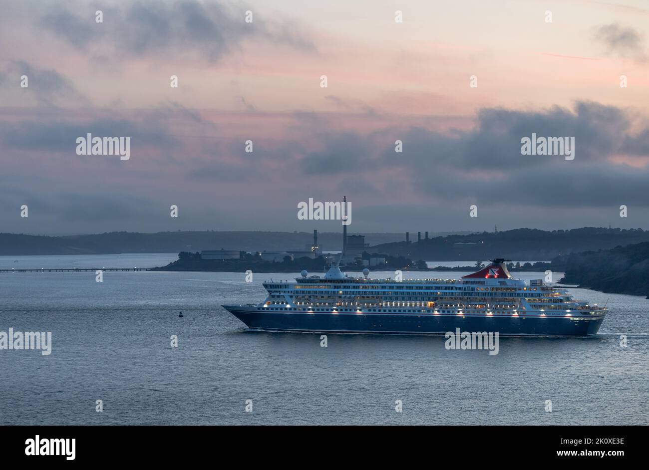 Aghada, Cork, Ireland. 14th September, 2022. Cruise ship Balmoral passing the ESB generating station before dawn while on her way to Cobh at Aghada, Co. Cork, Ireland. - Picture David Creedon Credit: David Creedon/Alamy Live News Stock Photo