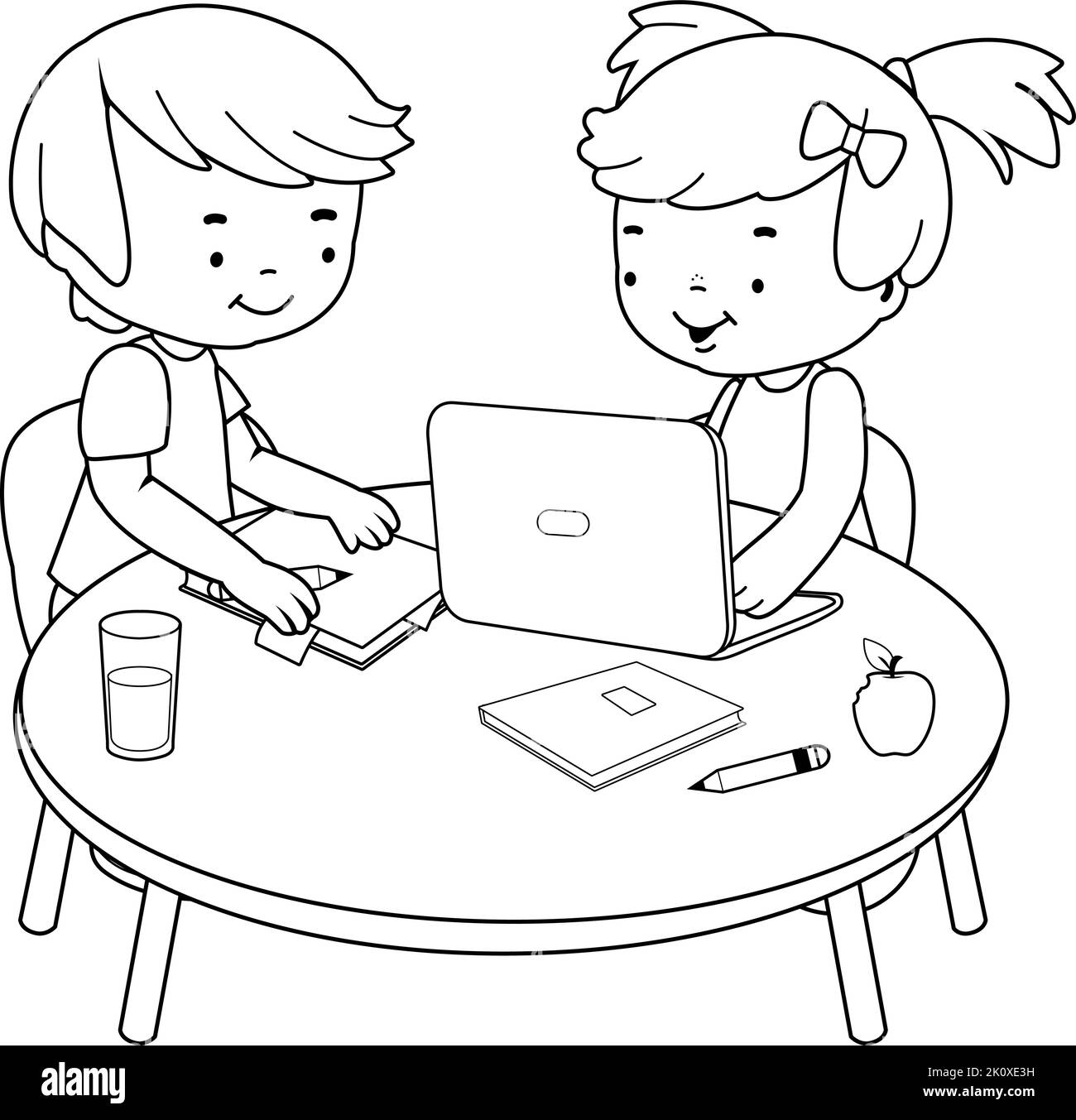Students at a desk doing their homework using a computer. Vector black and white coloring page Stock Vector