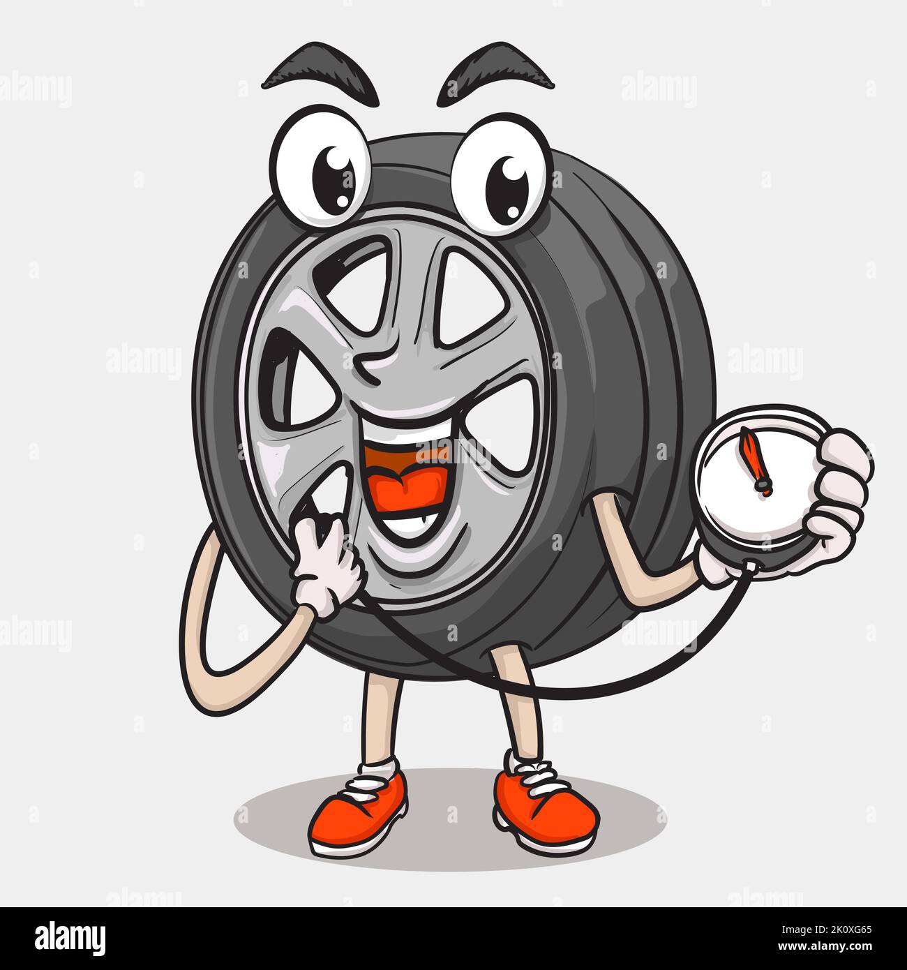 smile face tyre character holding tire preasure. funky tire mascot icon illustration Stock Vector