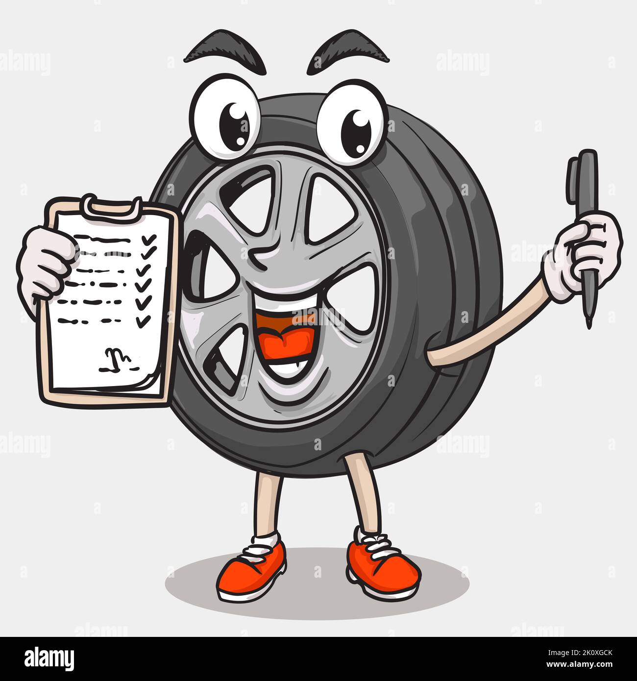 smile face tyre character holding pen and clipboard. tire ispection concept. funky tire mascot icon illustration Stock Vector