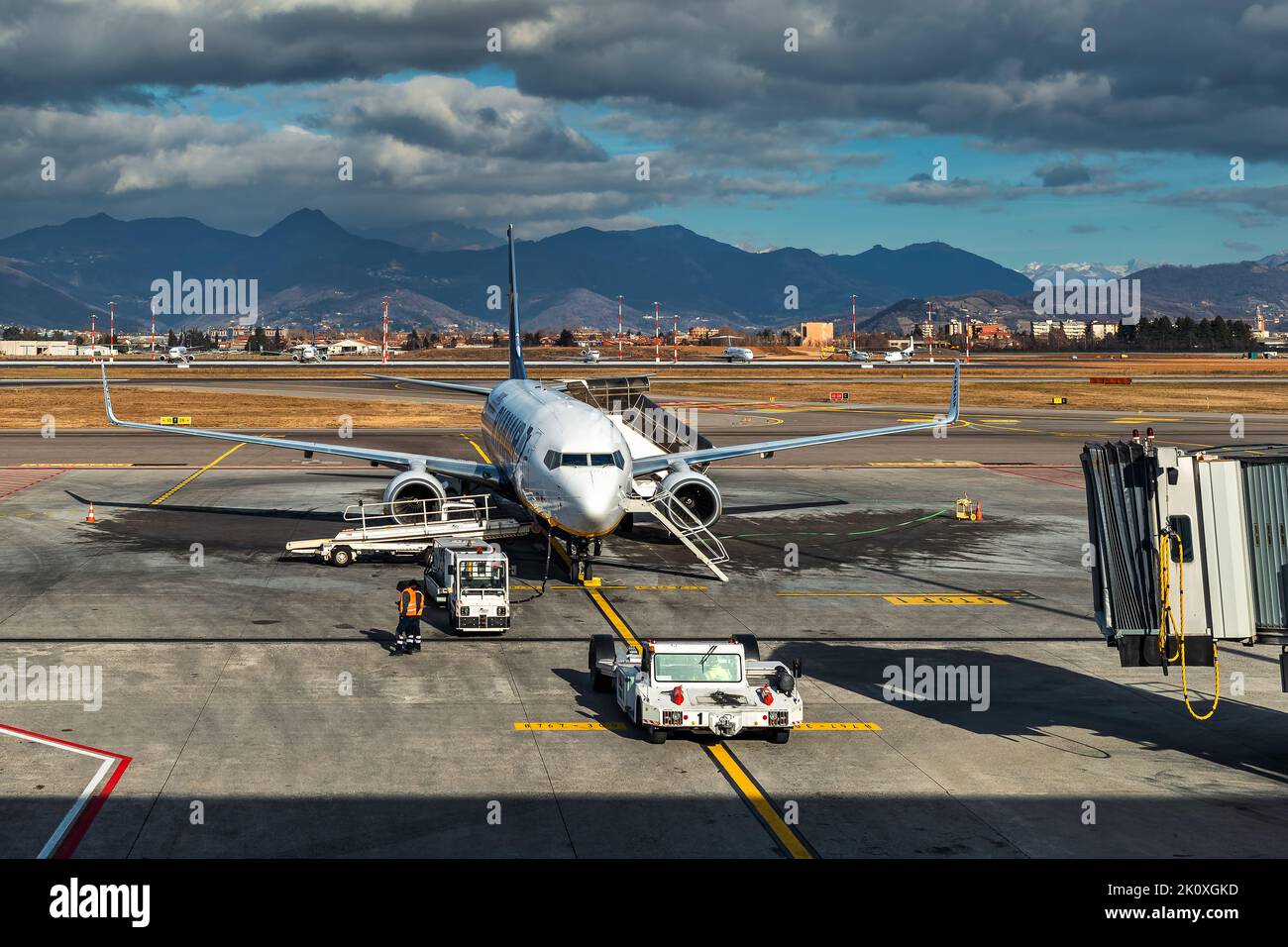 Ryanair flight on the ground before departure in Milan Bergamo Airport - aka Caravaggio or Orio al Serio in Italy. Stock Photo
