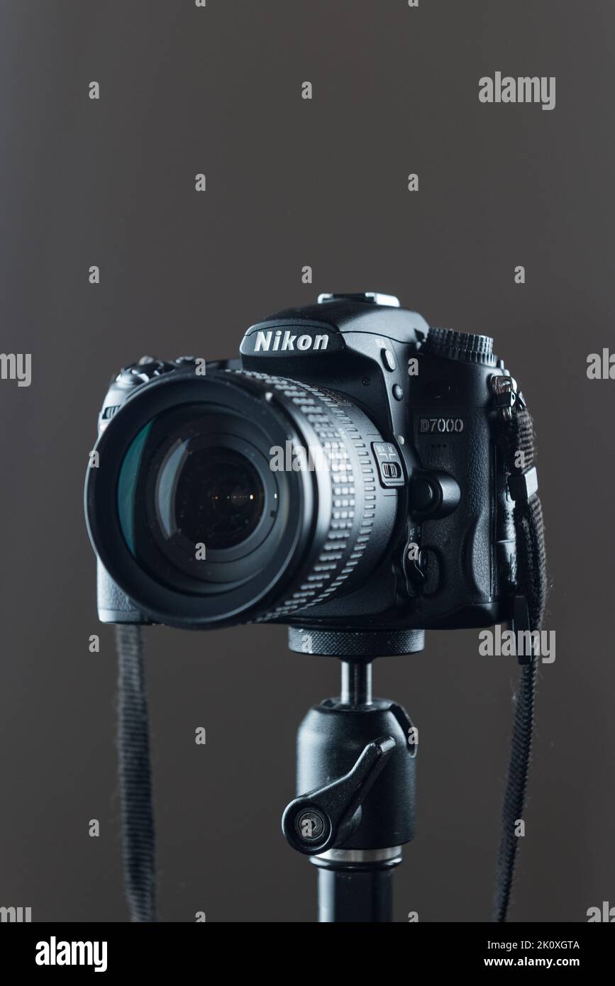 Nikon DSLR D7000 digital camera on a tripod Stock Photo