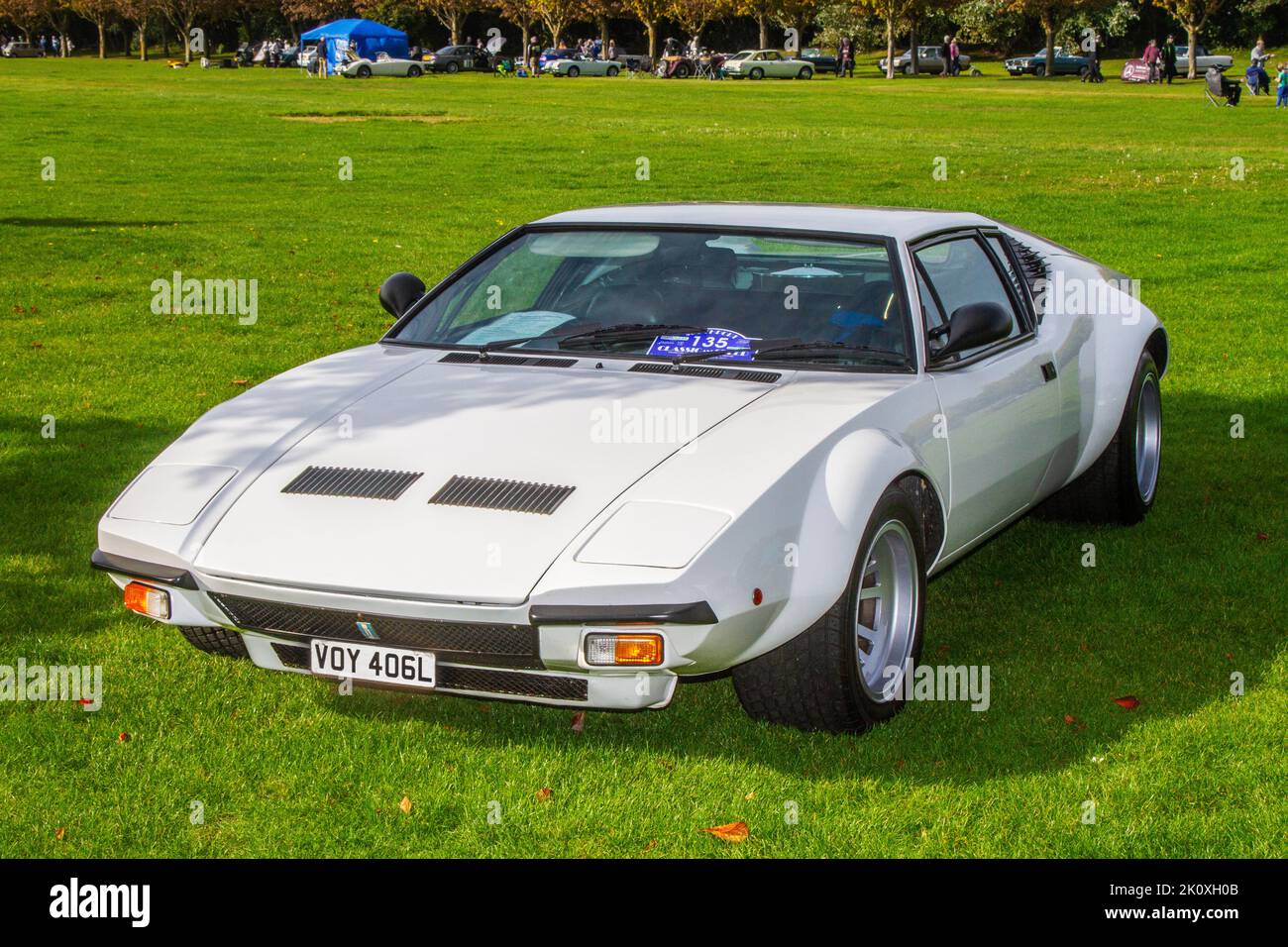 1973 70s seventies White DE TOMASO PANTERA 5763cc Petrol; at the Southport Classic car and Speed event in Victoria Park, UK Stock Photo