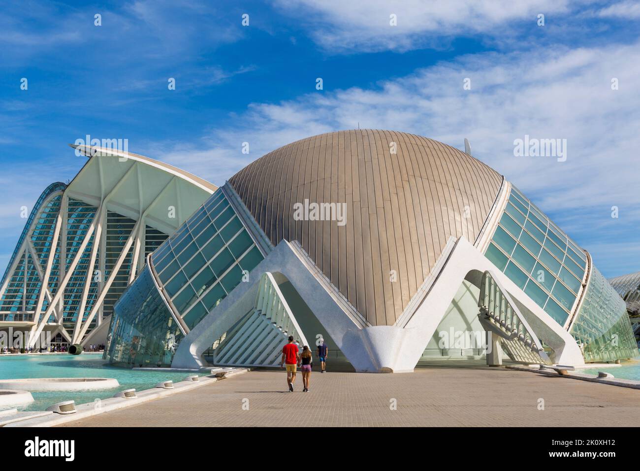 Hemisfèric, a digital 3D cinema & planetarium, with Museu De Les Ciencies behind at City of Arts and Sciences in Valencia, Spain in September Stock Photo