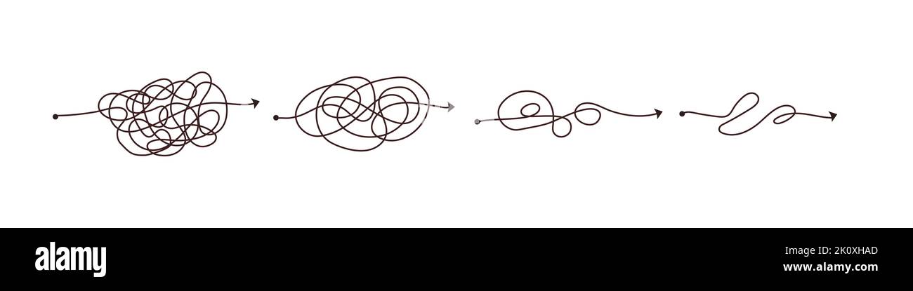 Simple line and complex easy way. Scribble doodle chaos mindset. Problem solving, difficult line. Vector hand drawn concept path Stock Vector