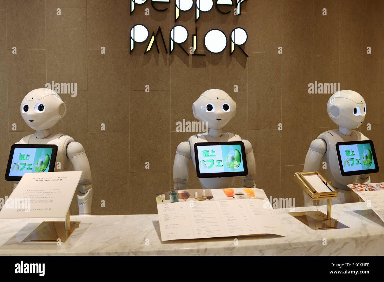 TOKYO, JAPAN September 13, 2022 Softbank Pepper robots at a counter