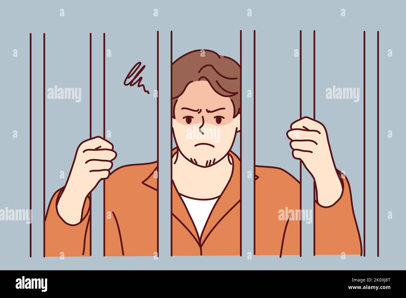 Unhappy man in robe behind bars in jail. Angry male criminal imprisoned for crime or misdemeanor. Imprisonment and sentence. Vector illustration.  Stock Vector