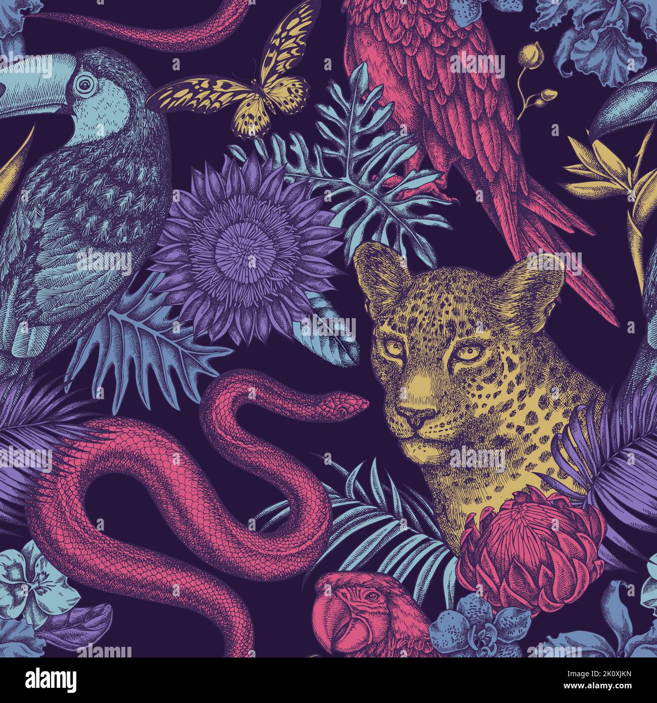 Tropical animals seamless pattern background design. Engraved style. Hand drawn leopard, snake, toucan, scarlet macaw, african giant swallowtail Stock Vector