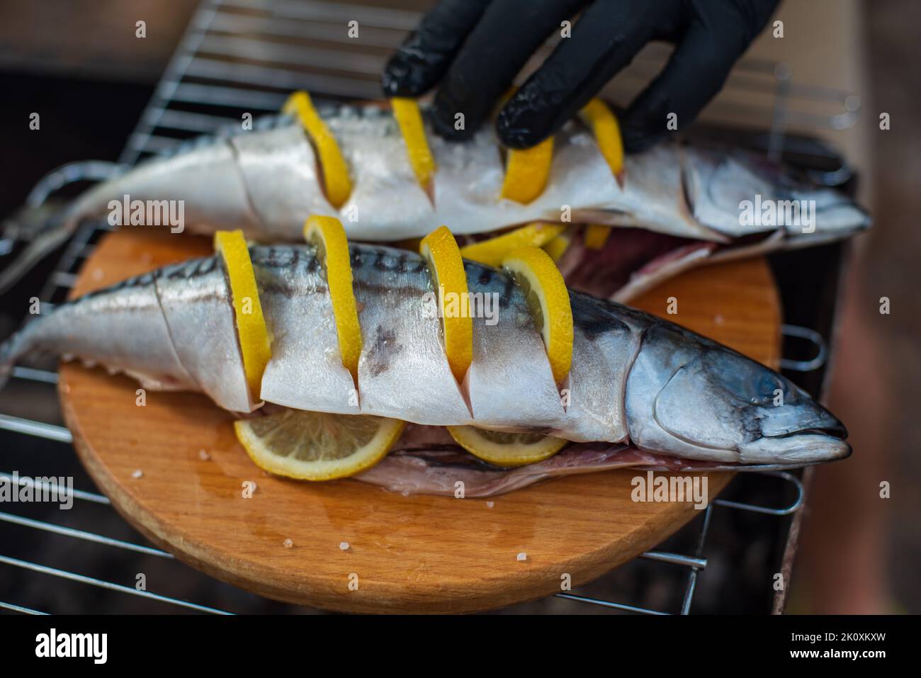 Grilled mackerel fish with herbs and lemon slices, top view. The