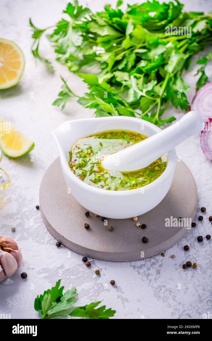 Chimichurri homemade fresh Latin American sauce made from various