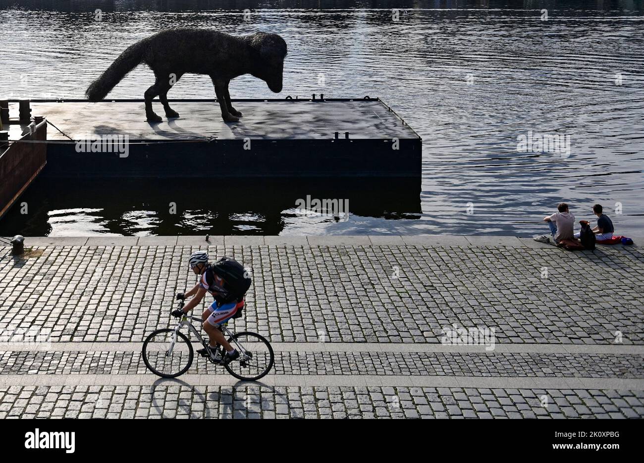 Prague, Czech Republic. 13th Sep, 2022. Giant statue of a dog Vulpes Gott of Czech artist Frantisek Skala on the embankment in Prague, Czech Republic, September 13, 2022. Sculpture will be moved on ship to Dresden on Sept 27 where it will be installed on Elbe River promenade within Czech season. Credit: Roman Vondrous/CTK Photo/Alamy Live News Stock Photo