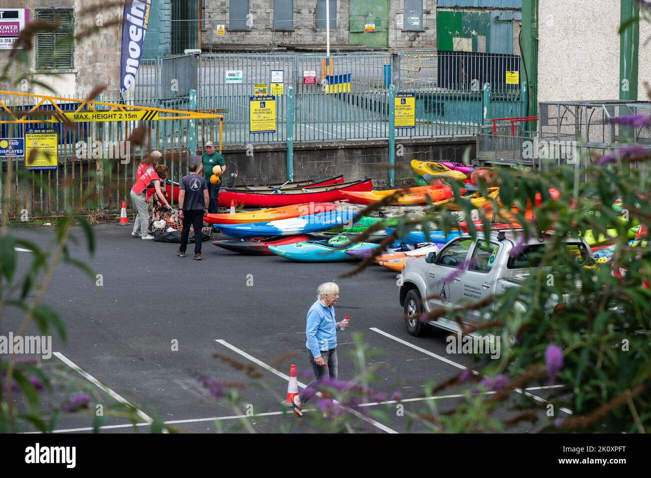 Kayaks, colorful kayaks on display for sale at small trade fair . Limerick, Ireland August,07