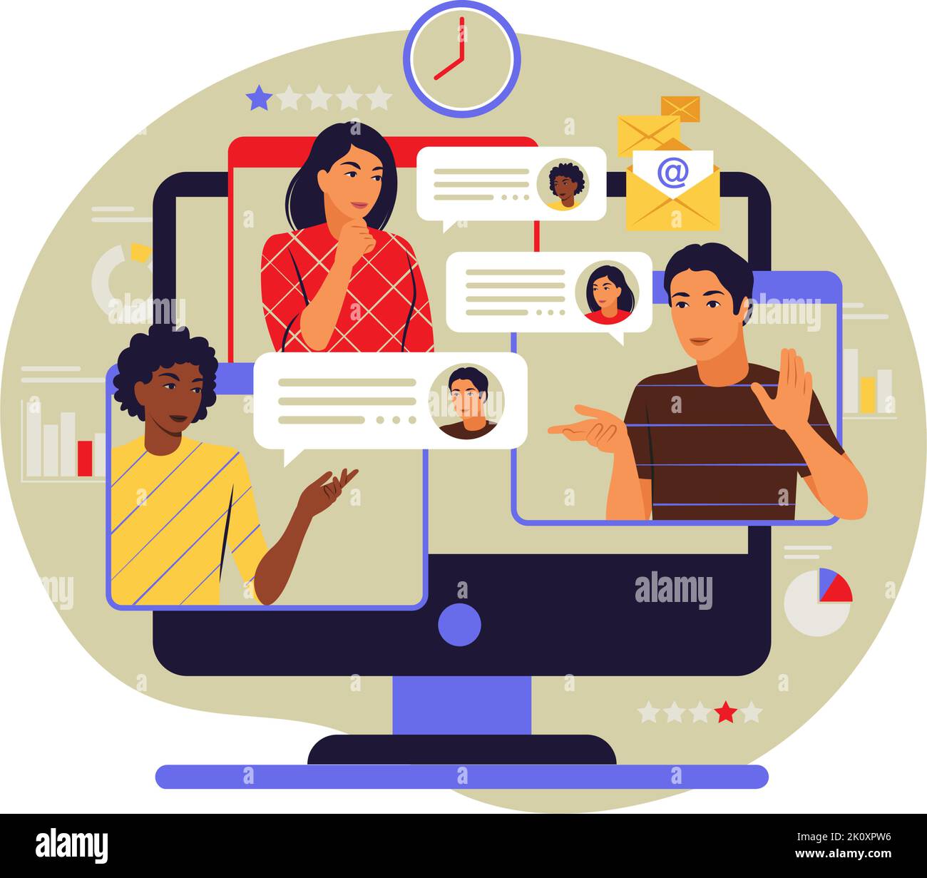 Telecommuting concept. Team discussing ideas through online meeting. Vector illustration. Flat. Stock Vector