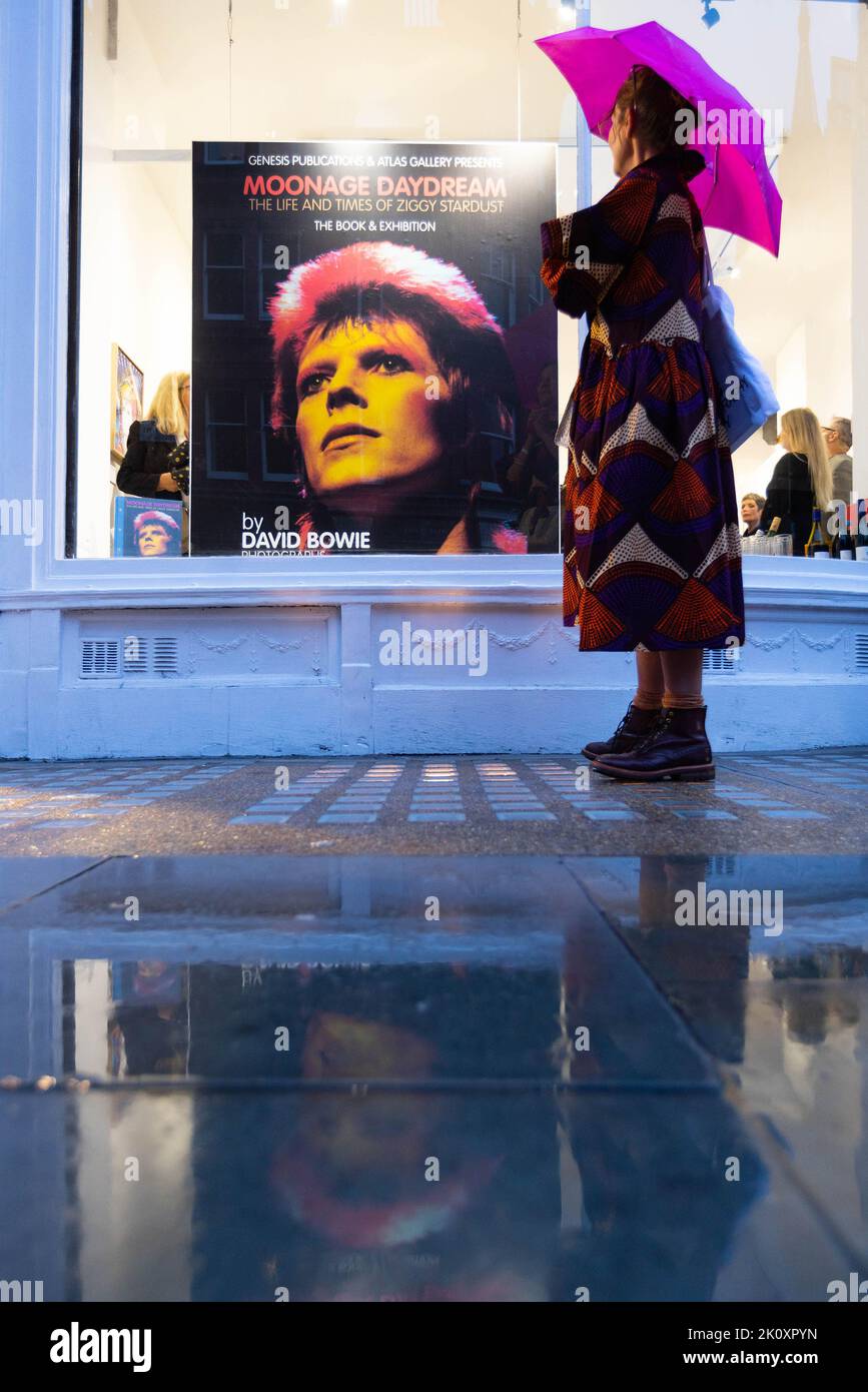 EDITORIAL USE ONLY General views from an exhibition of photographs by Mick Rock from Moonage Daydream - The Life and Times of Ziggy Stardust, as Genesis Publications release a special anniversary edition of the book to mark 50 years since Bowie released The Rise and Fall of Ziggy Stardust and the Spiders from Mars, at Atlas Gallery in London. Issue date: Wednesday September 14, 2022. Stock Photo