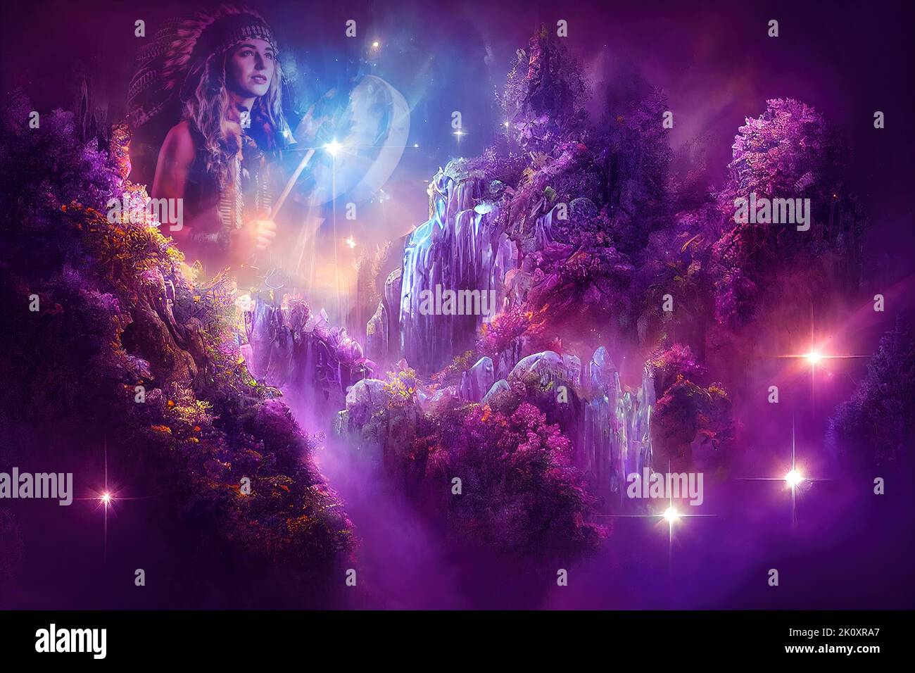 Beautiful mystical landscape with a crystal waterfall and a beautiful purple forest in the