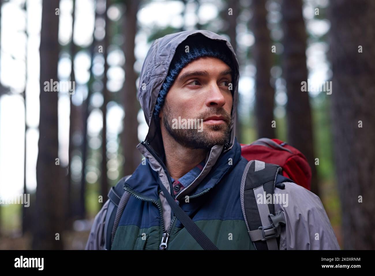 Man on a mission. Portrait of a young man wearing a backpack while hiking in the forest. Stock Photo
