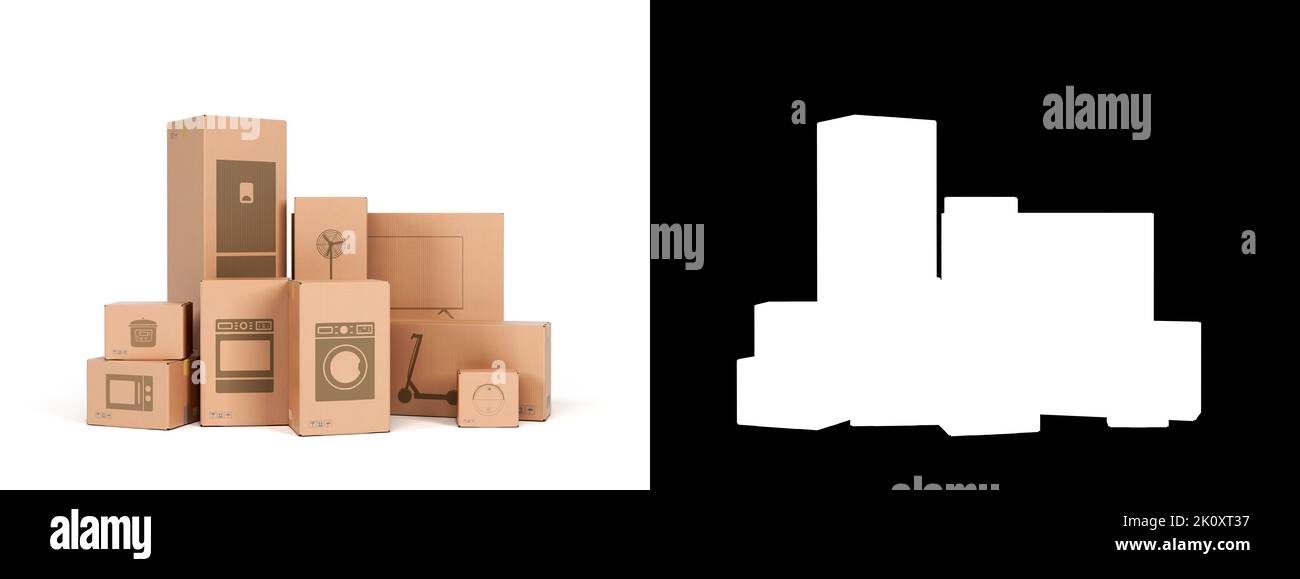 different appliance boxes set on ground 3d illustration on white with