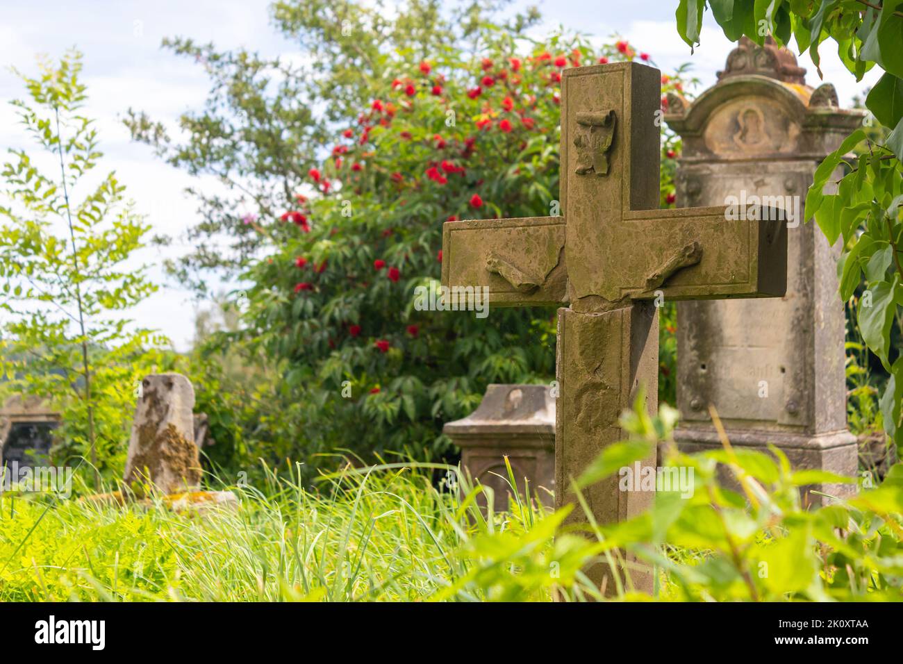 tombstones in an old cemetery overgrown with grass Stock Photo