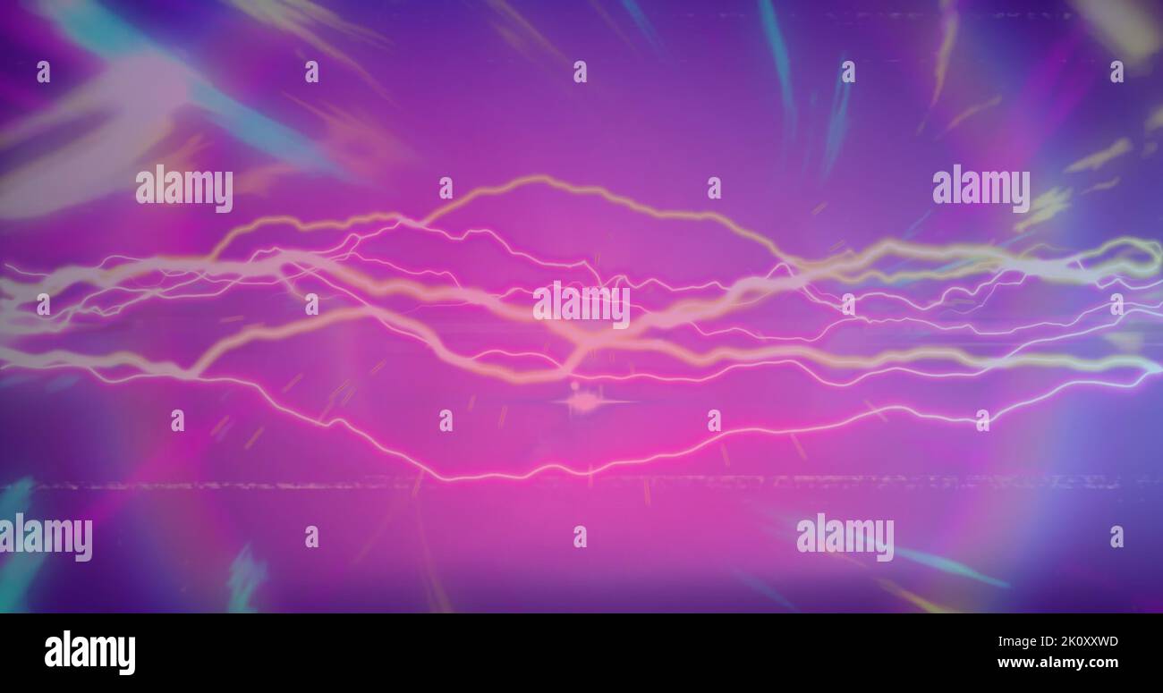 Image of light trails and lightnings on purple background Stock Photo