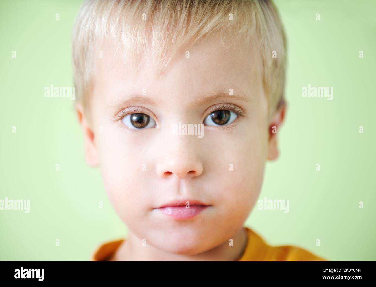 Serious cute little boy on a white background Stock Photo