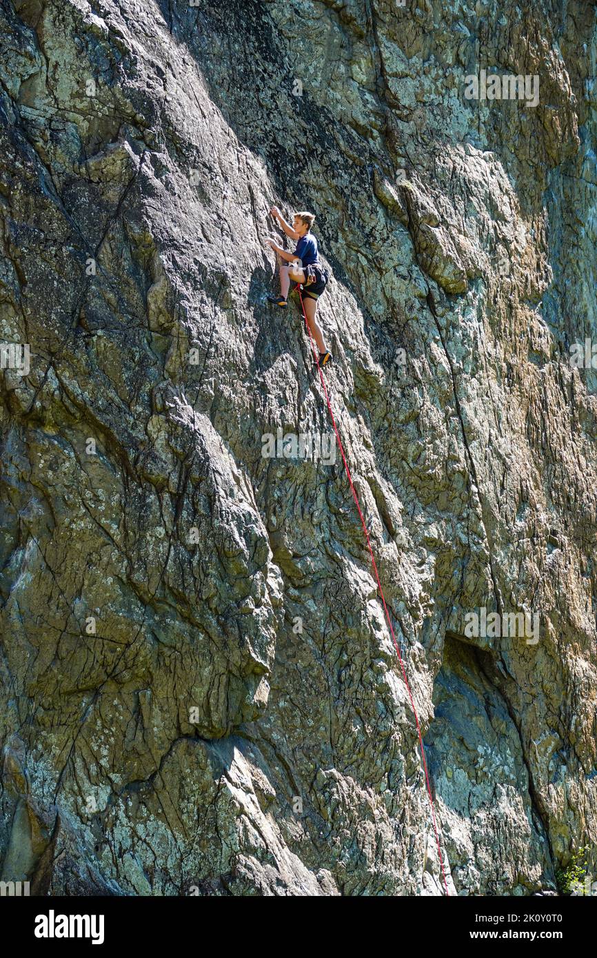 Rock climber, rock climbing near Langenfeld, in the Otztal Valley, the Tirol, Austria, EU, the European Alps Stock Photo