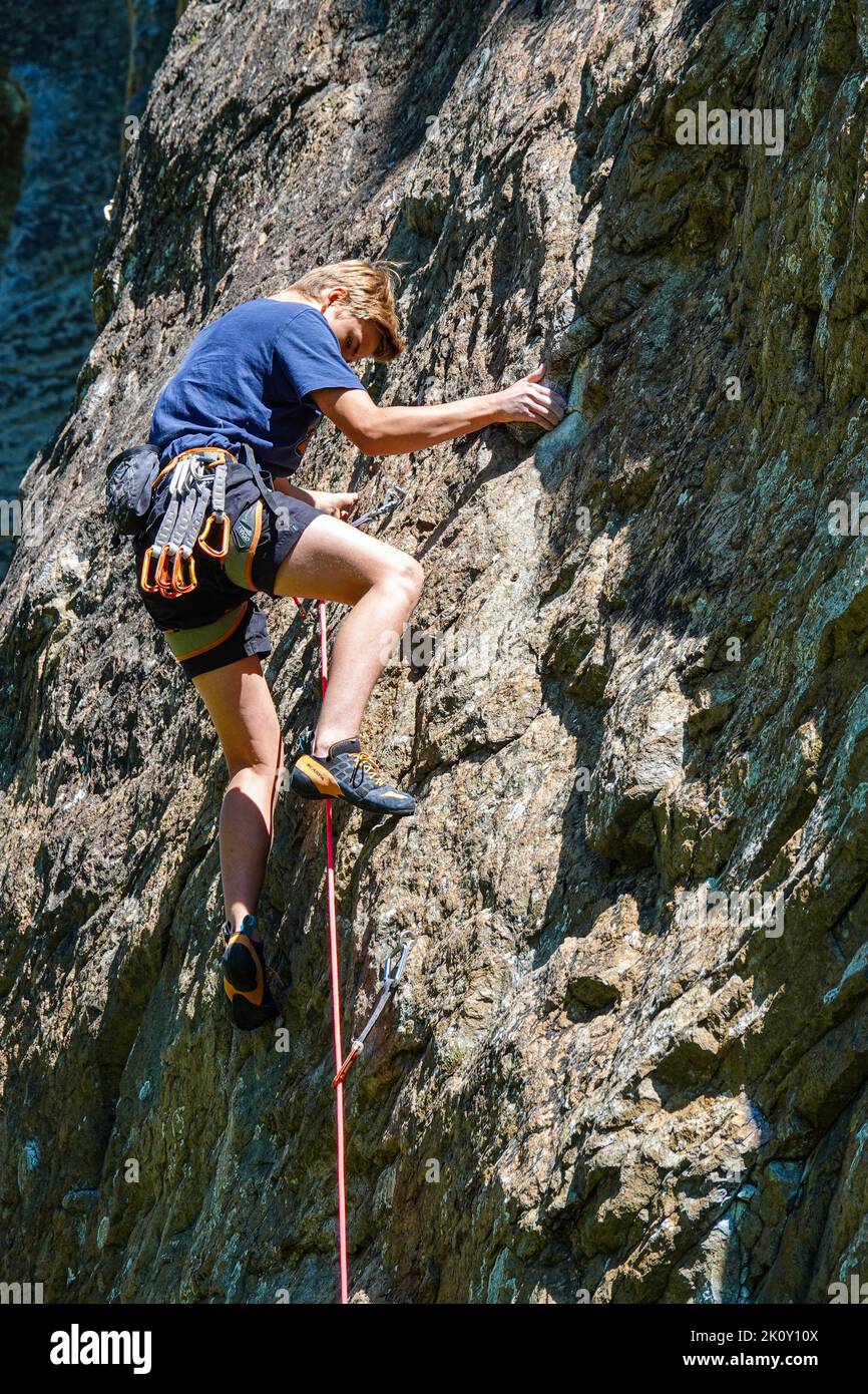 Rock climber, rock climbing near Langenfeld, in the Otztal Valley, the Tirol, Austria, EU, the European Alps Stock Photo