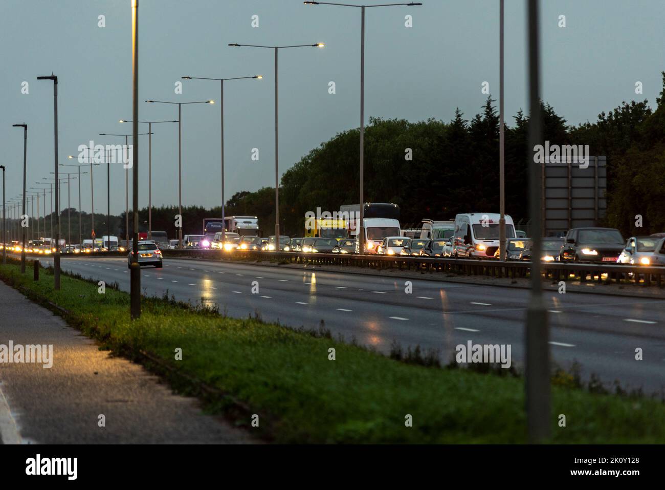 Traffic stuck on the A40 near RAF Northolt, stuck behind roadblocks put in place locally for carriage of the Queen's body towards Buckingham Palace Stock Photo