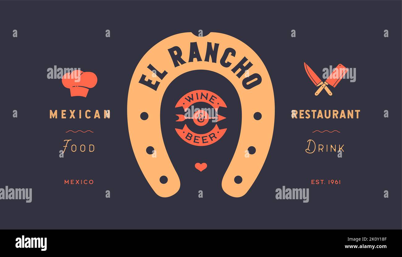 Logo lucky horseshoe. Text Mexican Restaurant, gold horseshoe, graphic