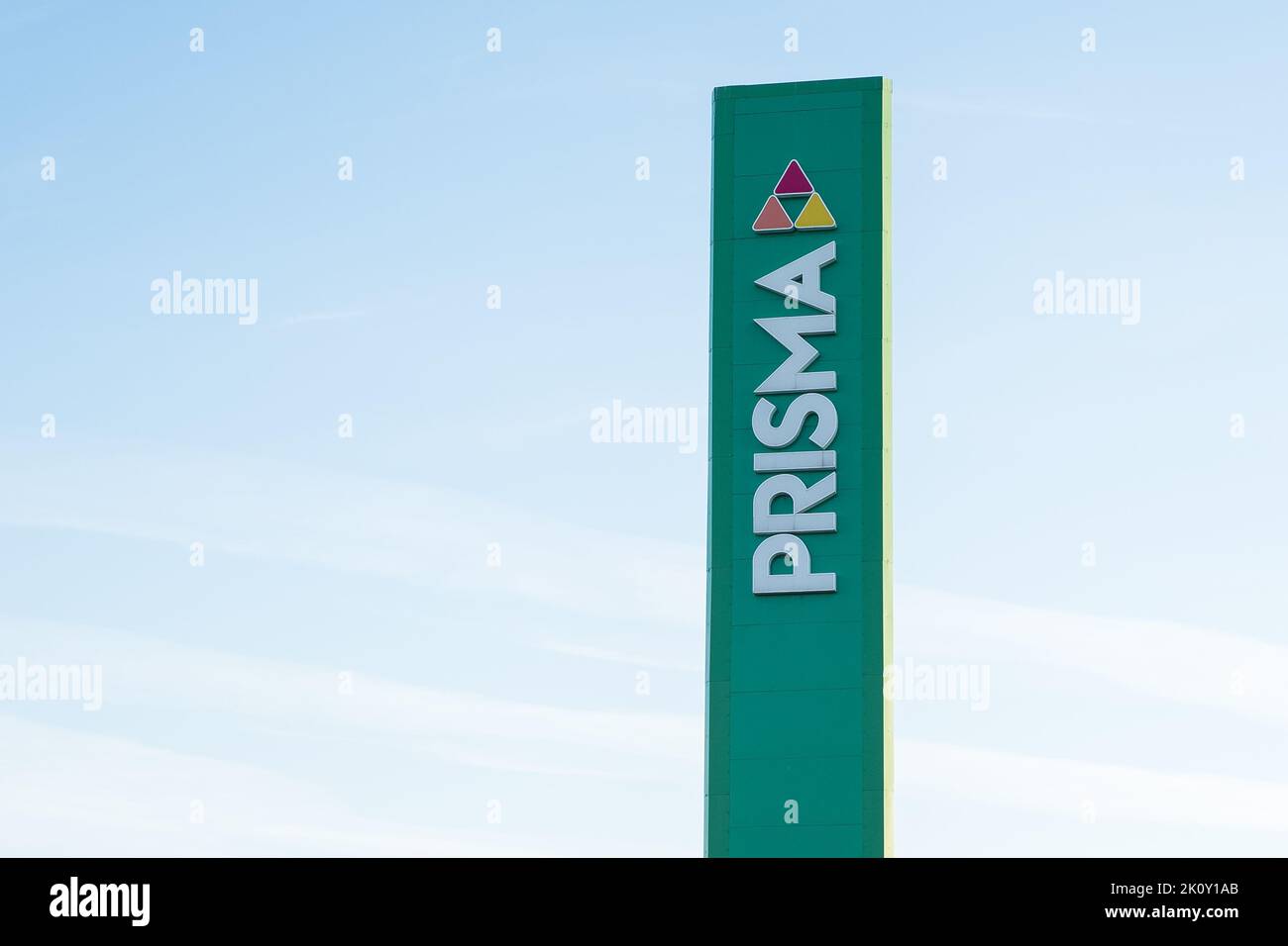 Prisma supermarket company light sign. Prisma food store chain shop. Stock Photo