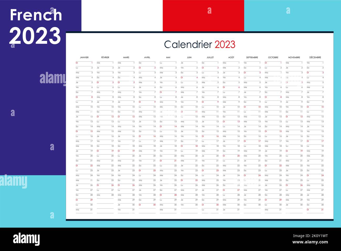 2023 Wall Planner in French. Yearly calendar and organizer. Simple