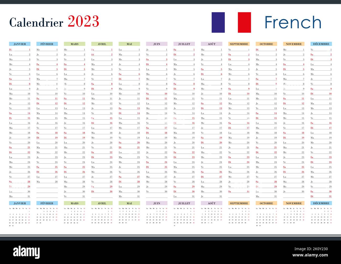 2023 Wall Planner in French. Yearly calendar and organizer. Simple