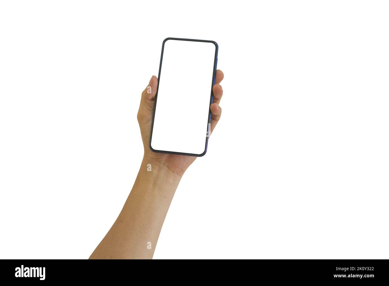 Male hand holding smart phone with white blank empty screen isolated on ...
