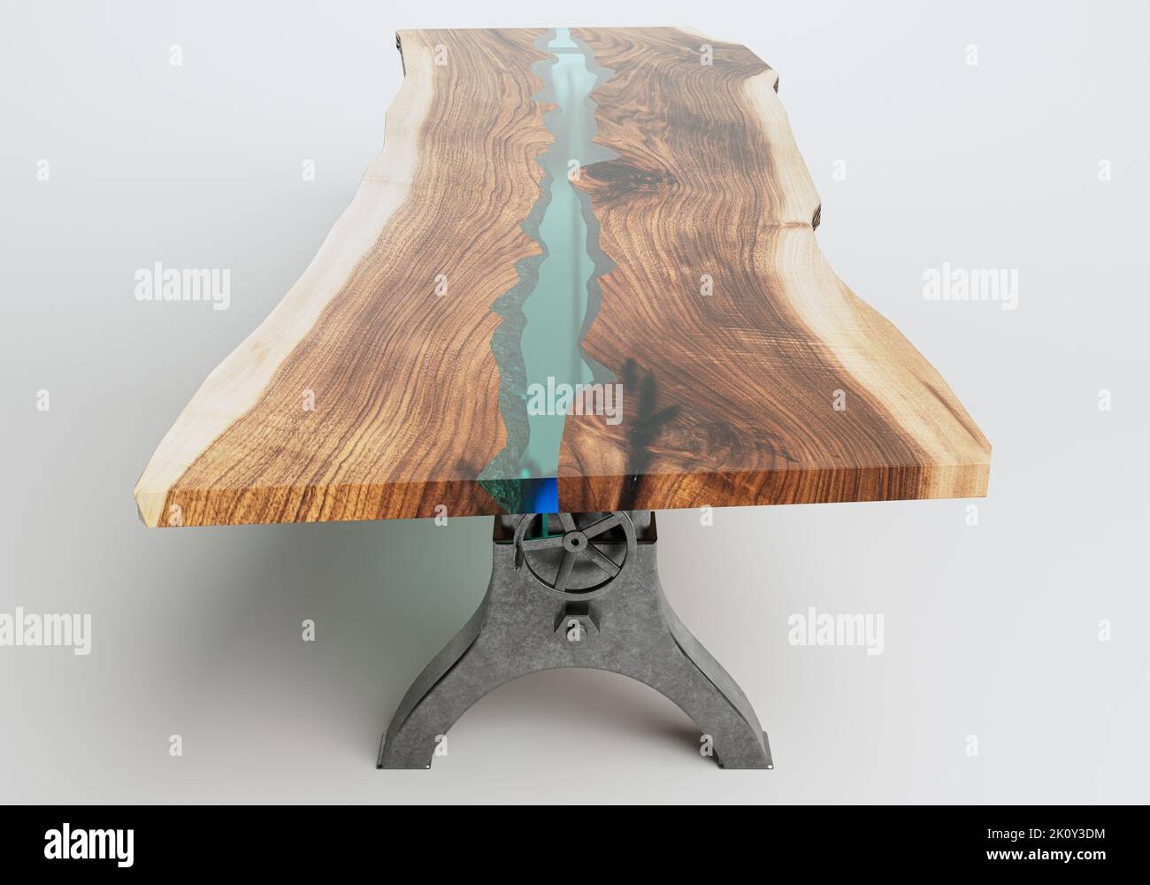 A conference room table with adjustable metal legs and a natural wooden slab surface with a blue resin inlay on an isolated studio background- 3D rend Stock Photo