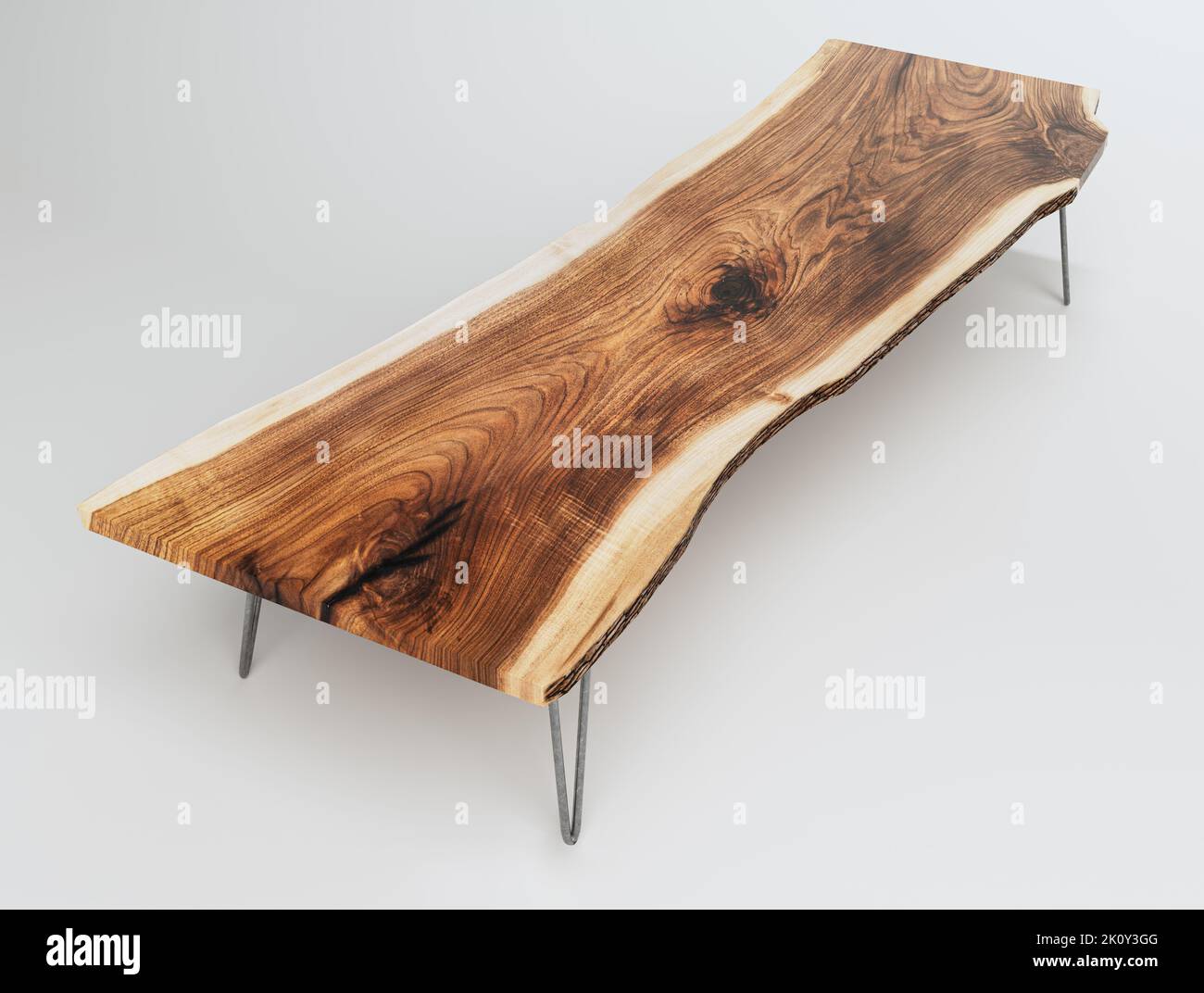A conference room table with metal legs and a natural wooden slab surface on an isolated studio background- 3D render Stock Photo