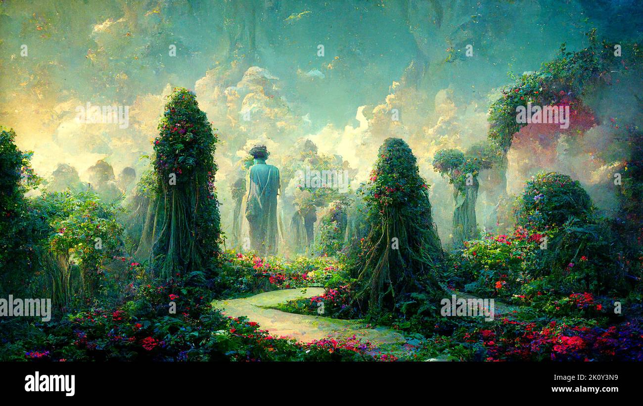 Illustration of the garden of Eden with trees, flowers and a footpath