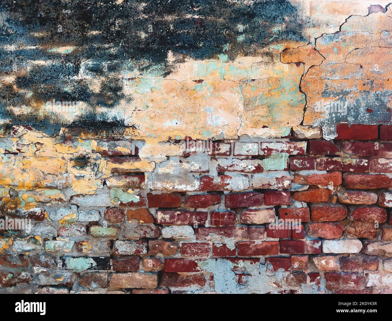 Very old brick wall with cracks and damaged stucco surface, worn layers
