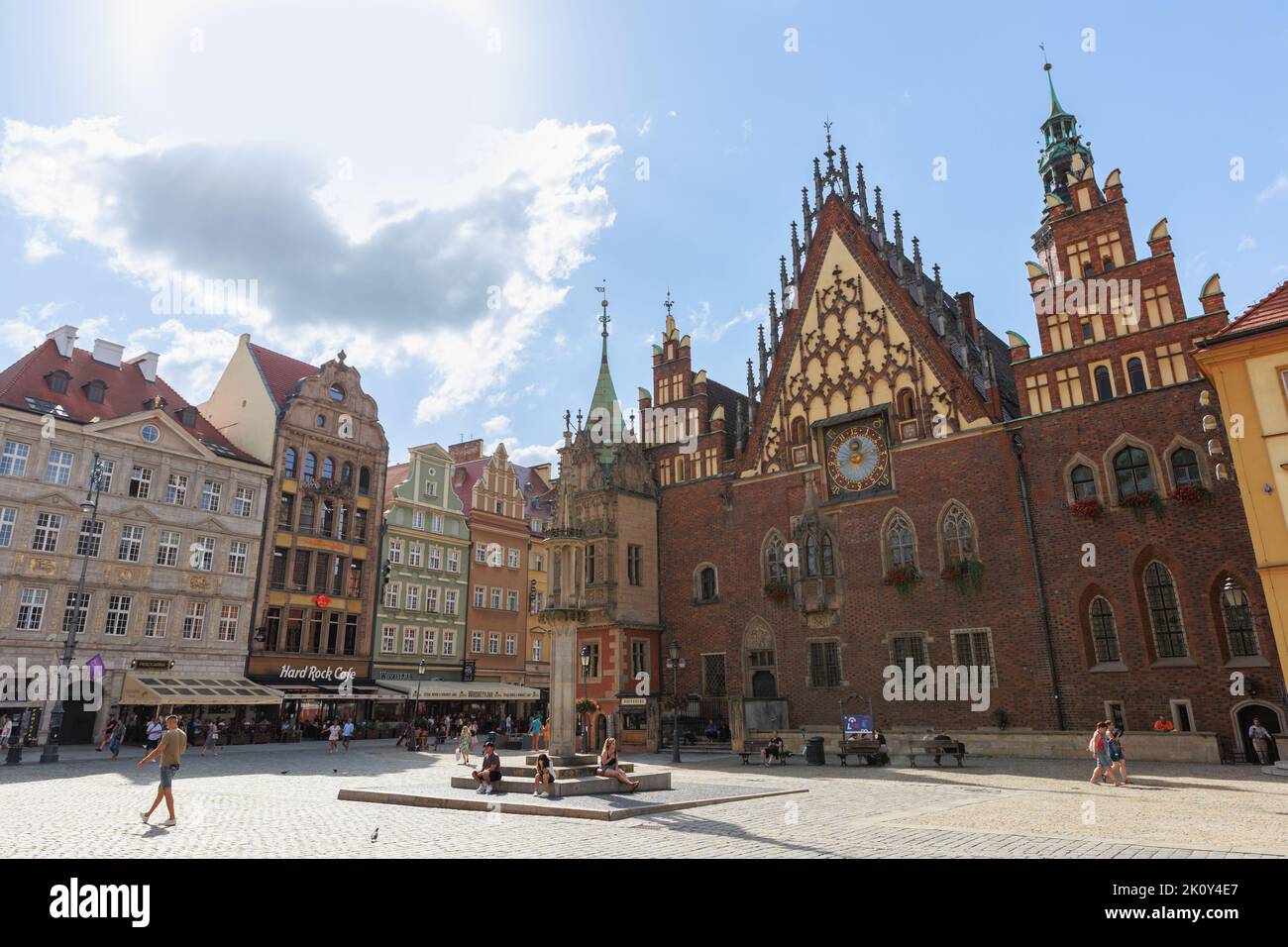 Street view of Old Town, Central Market Square and Old Town Hall in Wroclaw, Poland. Stock Photo